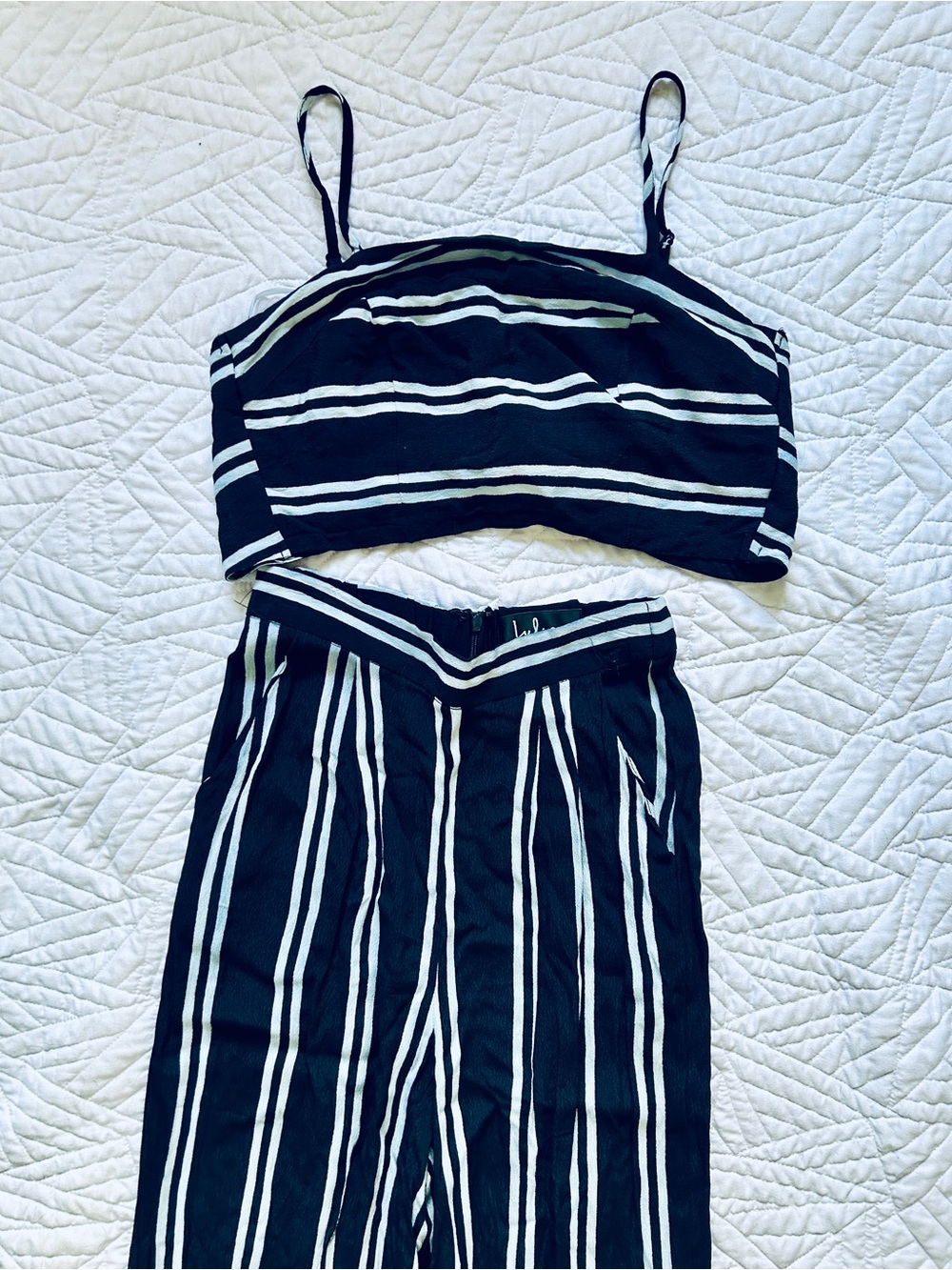 Lulus "Coastal Living" navy blue and white striped two-piece set - Picture 3 of 6